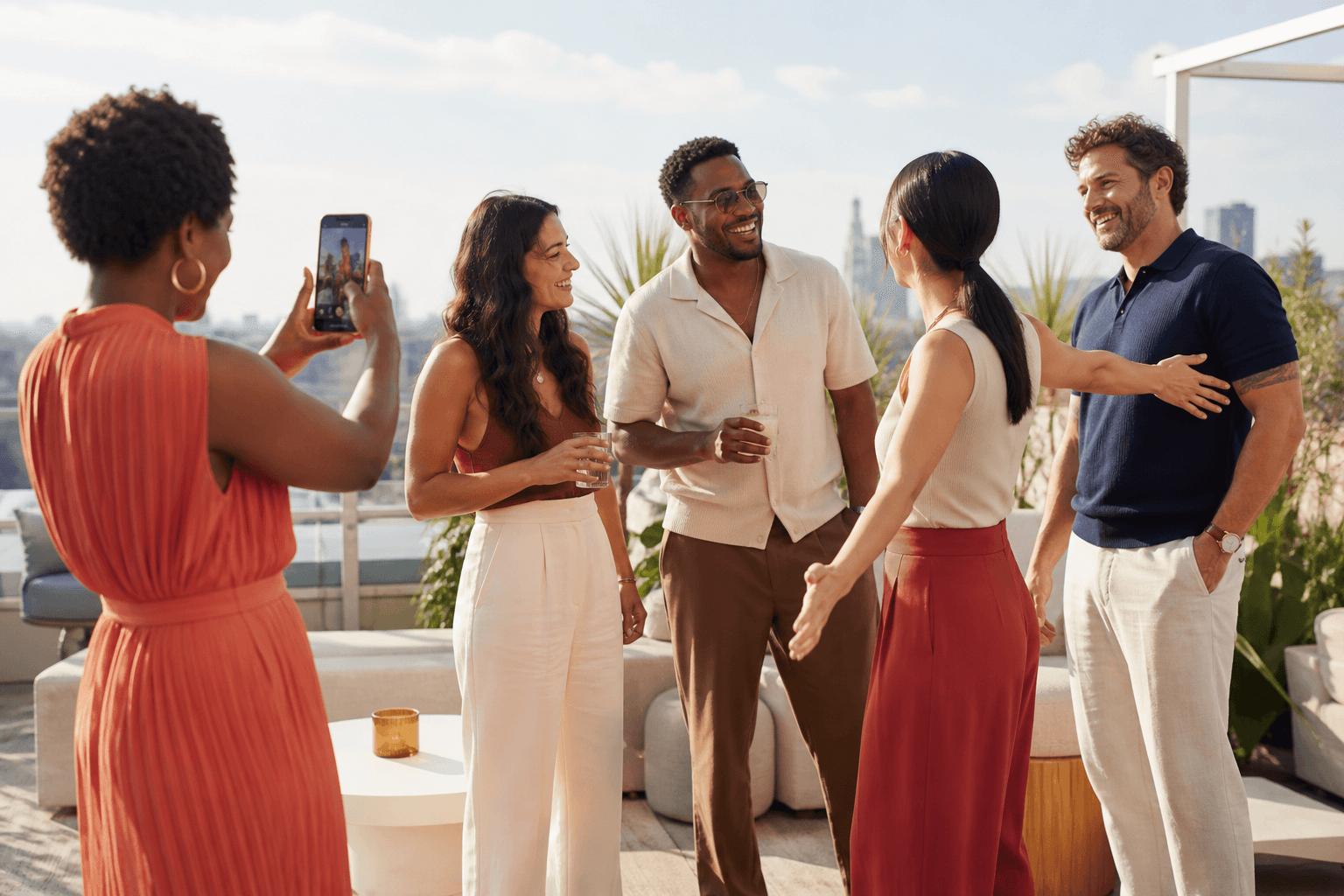 A diverse group of adult creators gathering at a bright rooftop community event